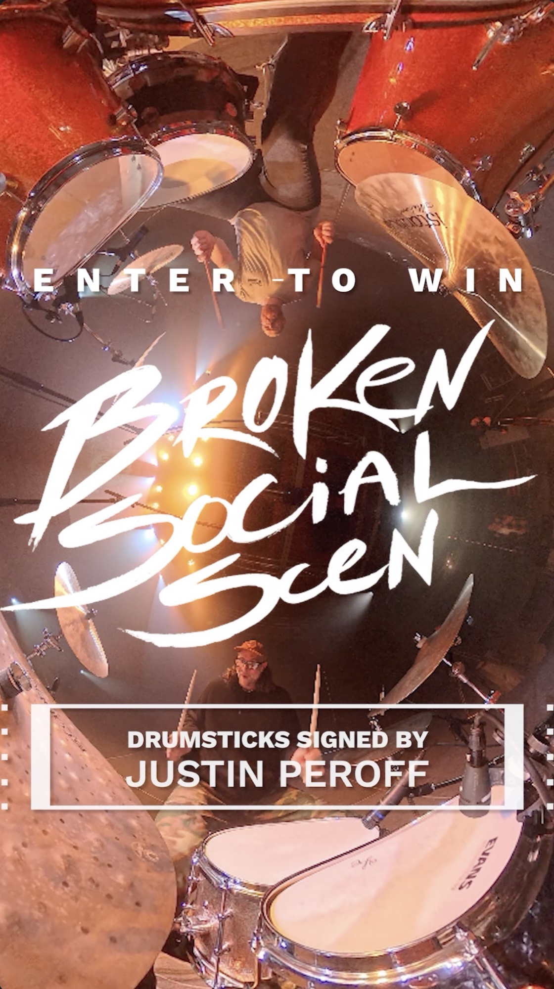 Enter-to-win contest promo - drumsticks signed by Justin Peroff of Broken Social Scene
