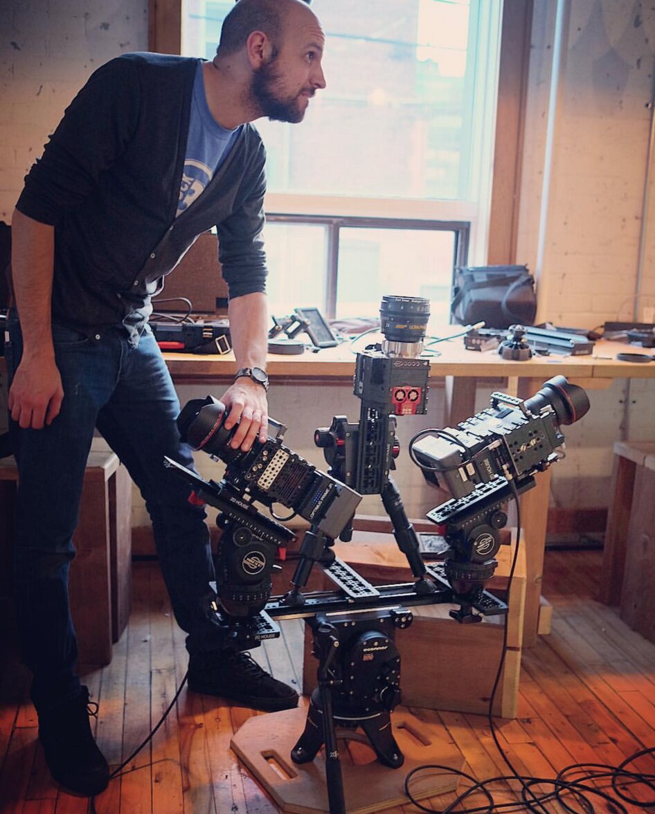 An early prototype of the custom camera rig, assembled on a tripod